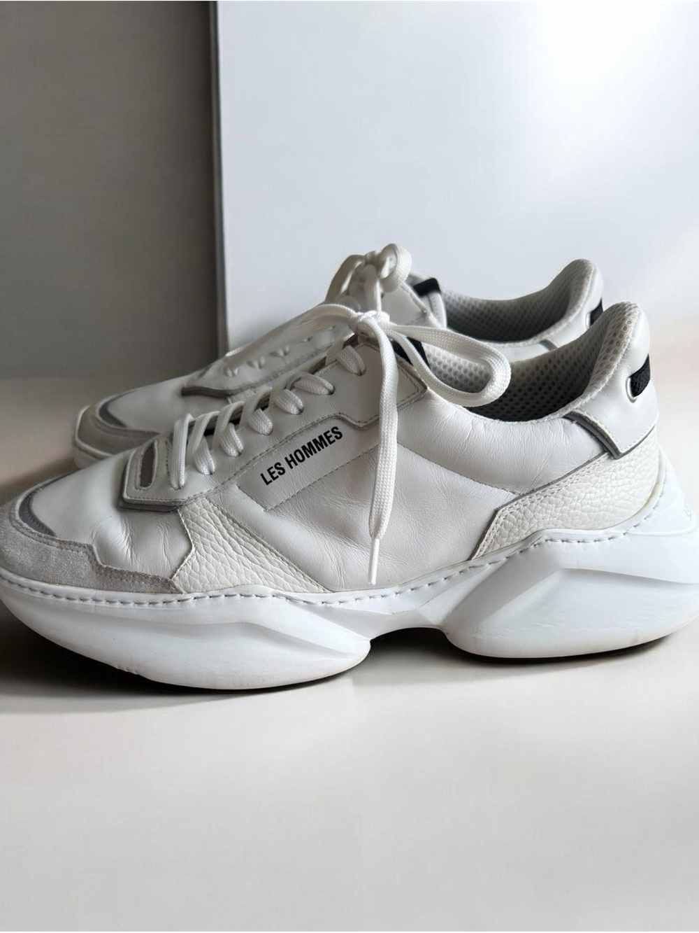 Les Hommes White and Gray Chunky Leather Sneakers Size 11 View 2